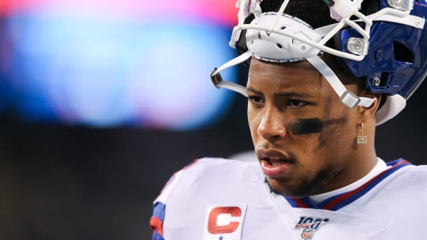 Nov 4, 2019; East Rutherford, NJ, USA; New York Giants running back Saquon Barkley (26) during warm ups before a game against the Dallas Cowboys at MetLife Stadium.
